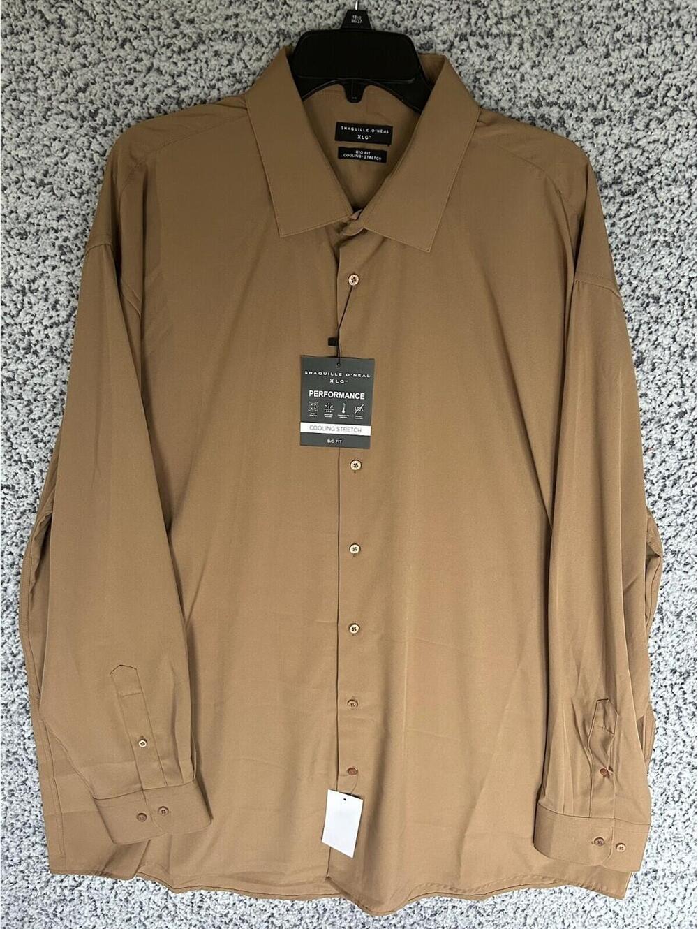Shaquille O'Neal XLG Shirt Men 18 36/37 Big Fit Khaki Solid Brown NWT $70 MSRP